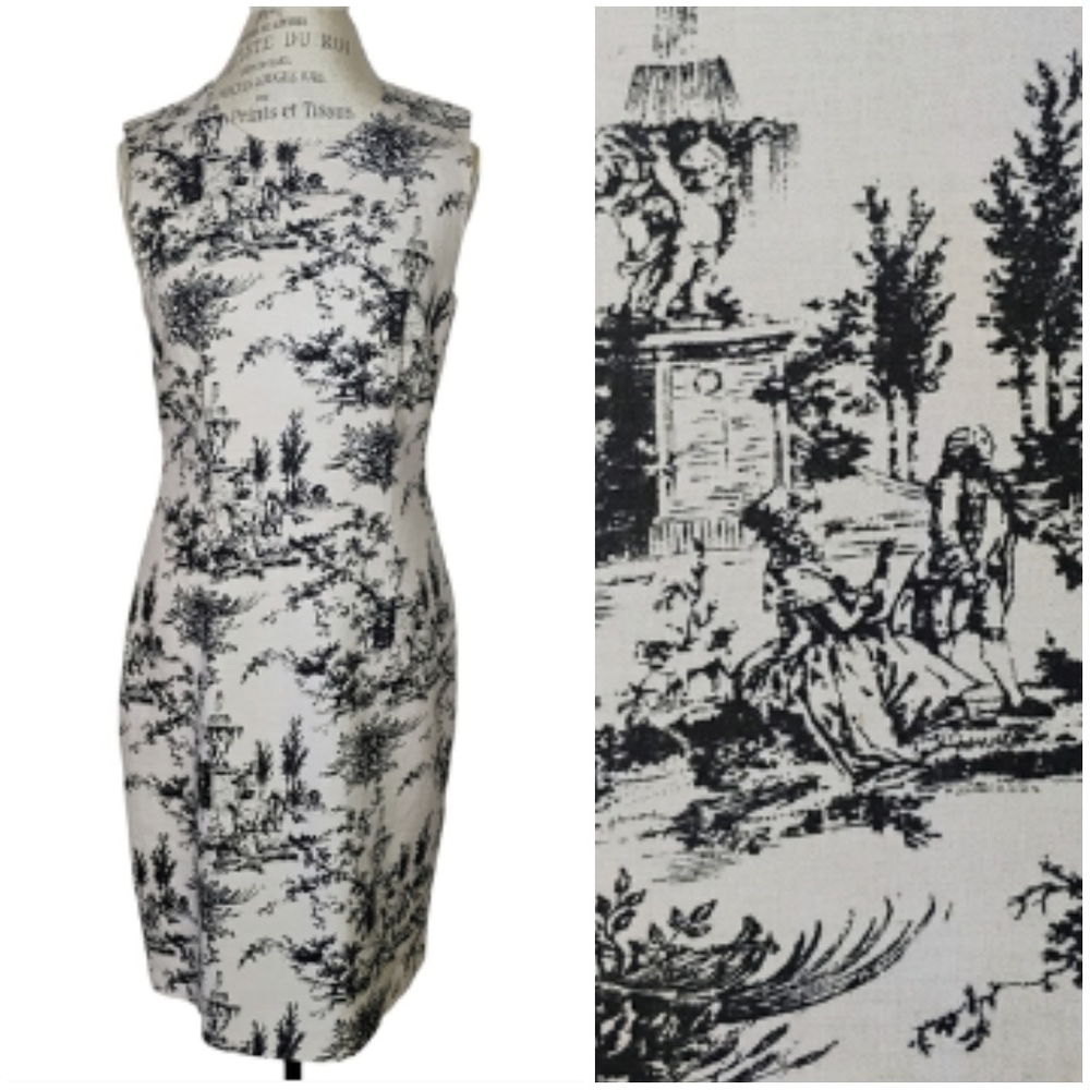 Vtg David‎ Meister Toile Sheath Dress Womens 10 Linen Sleeveless Sophisticated
